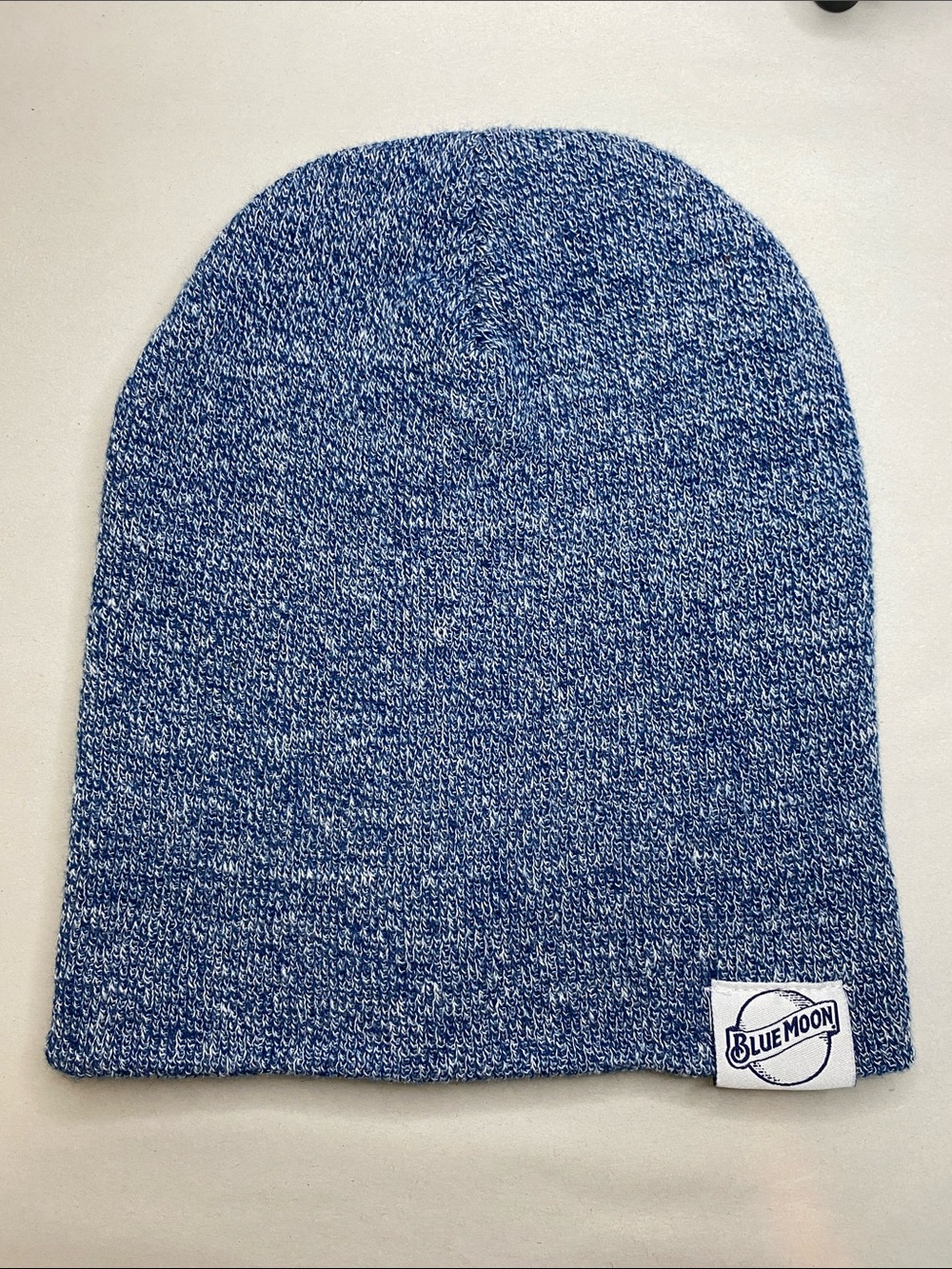 Blue Moon Logo Knit Beanie Hat Blue White Marled Cuffed Slouchy Unisex - Picture 3 of 7